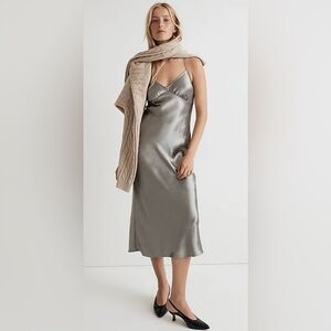 Madewell The Layton Midi Slip Dress in Metallic Silver Satin Size 6